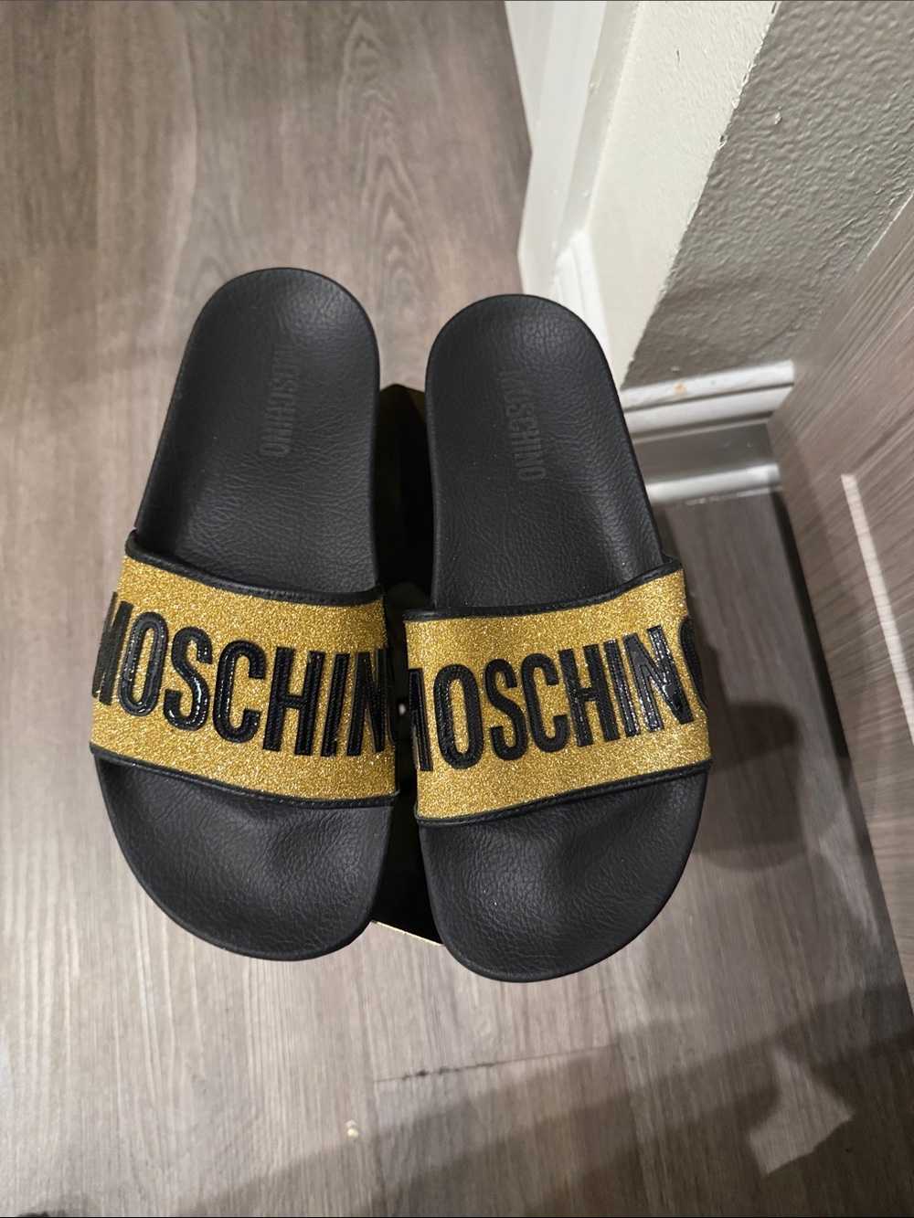 Moschino Black and Gold Glitter Slide Sandals